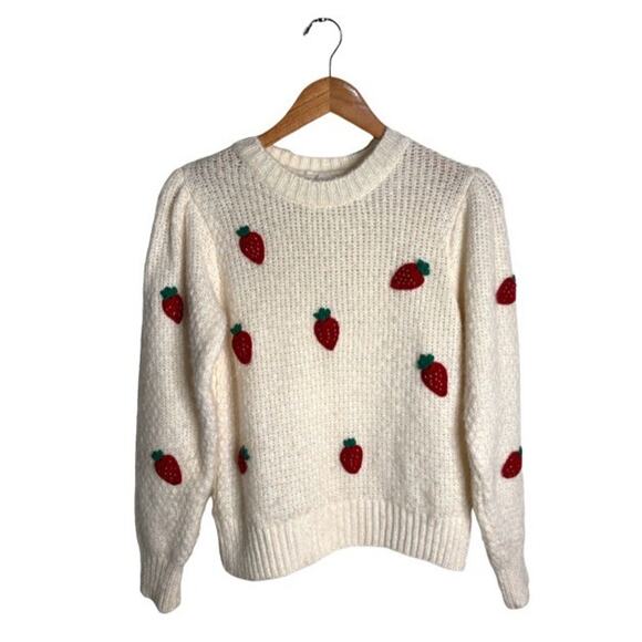 MNG Mango Sweater Appliqué Strawberry Size Small Cream Knit Puff Sleeve Acrylic - Picture 1 of 9